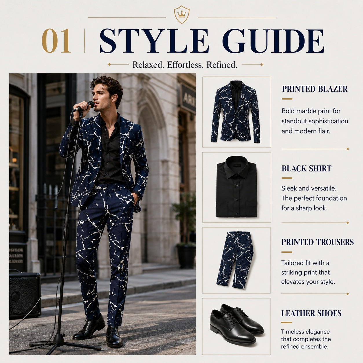 Wisholic style guide graphic featuring a men's bold marble print blazer and tailored trousers paired with a black dress shirt and black leather shoes.