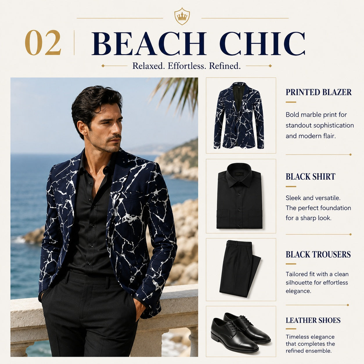 Wisholic beach chic style guide showcasing a men's navy marble printed blazer styled with a black unbuttoned shirt and black slim-fit trousers by the sea.
