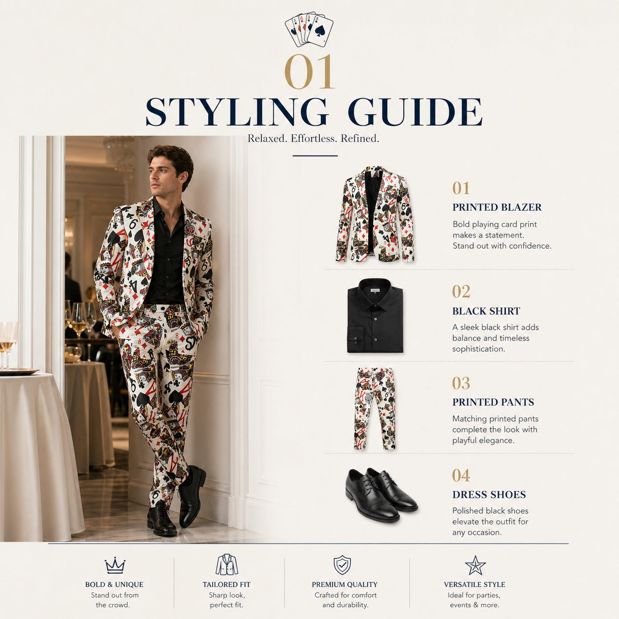 Wisholic styling guide 01: How to style a playing card printed blazer with matching pants, black shirt, and dress shoes.