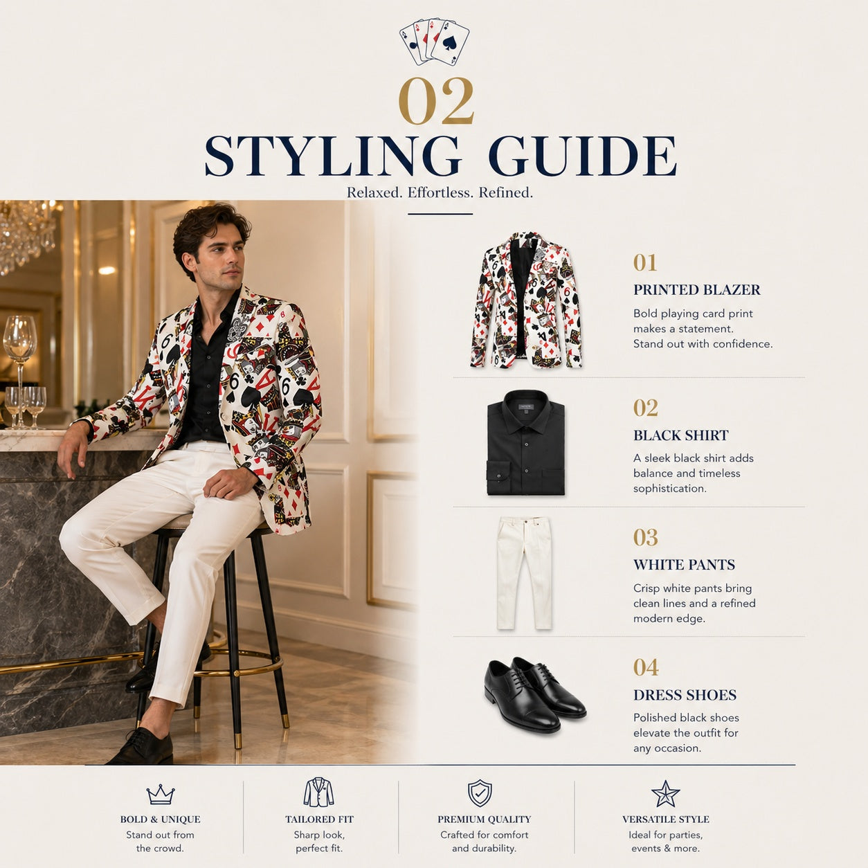 Wisholic styling guide 02: Pairing a playing card print blazer with crisp white trousers for a refined, modern social look.