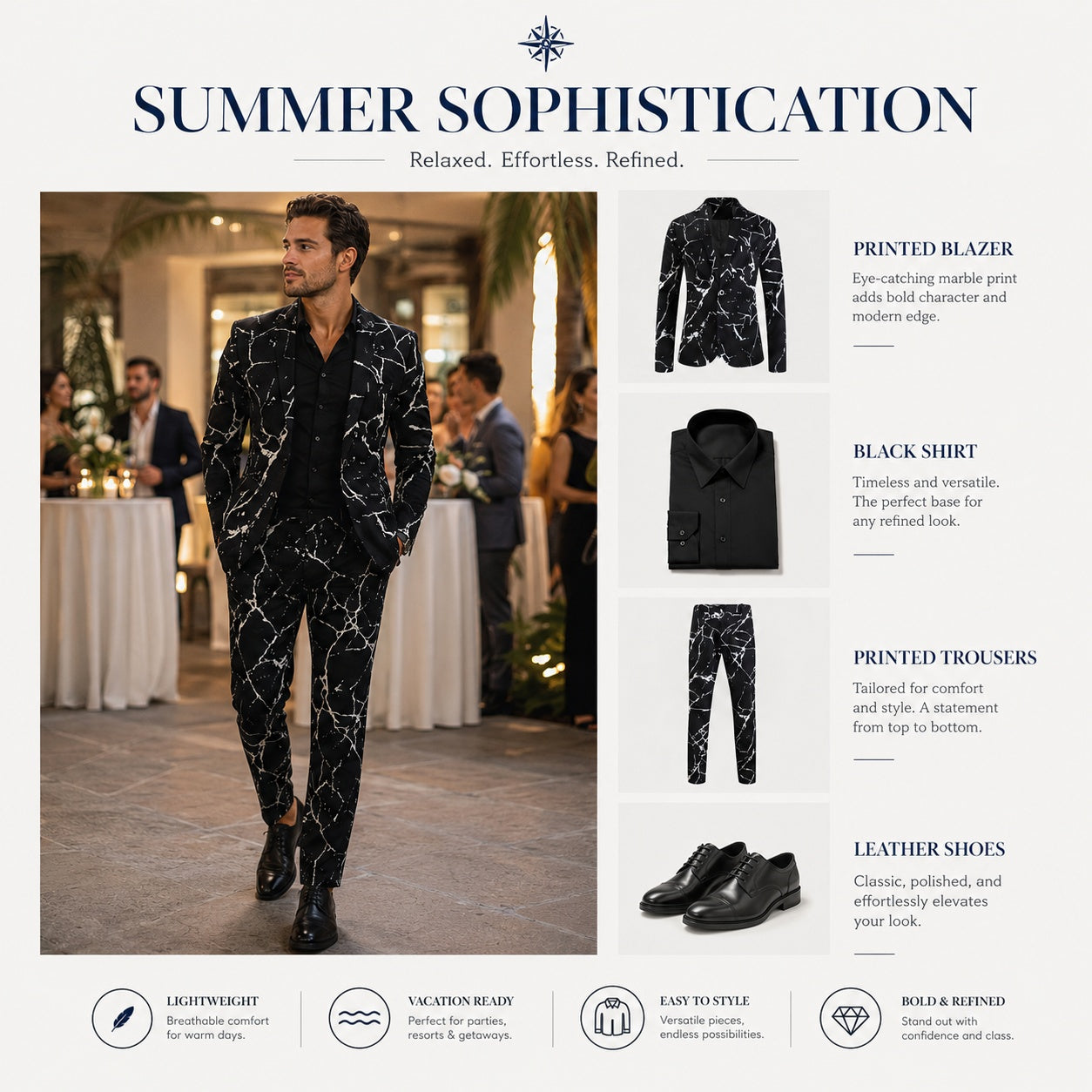 Styling guide for Wisholic marble print blazer and trousers, suggested for refined summer evening events and parties.