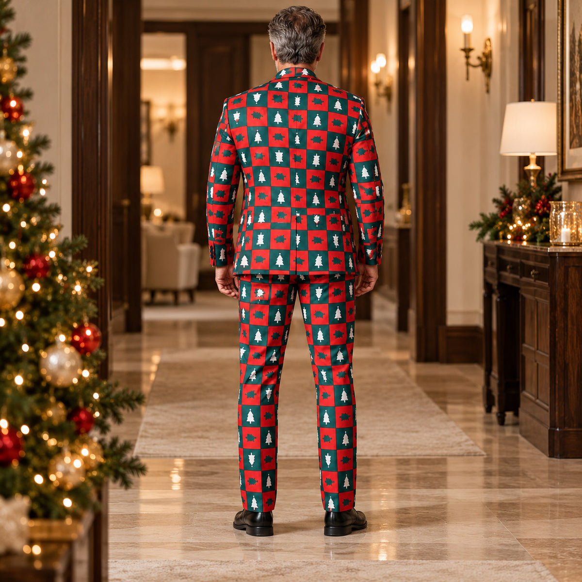 Back view of Wisholic tailored fit Christmas tree checkered suit jacket and matching dress pants