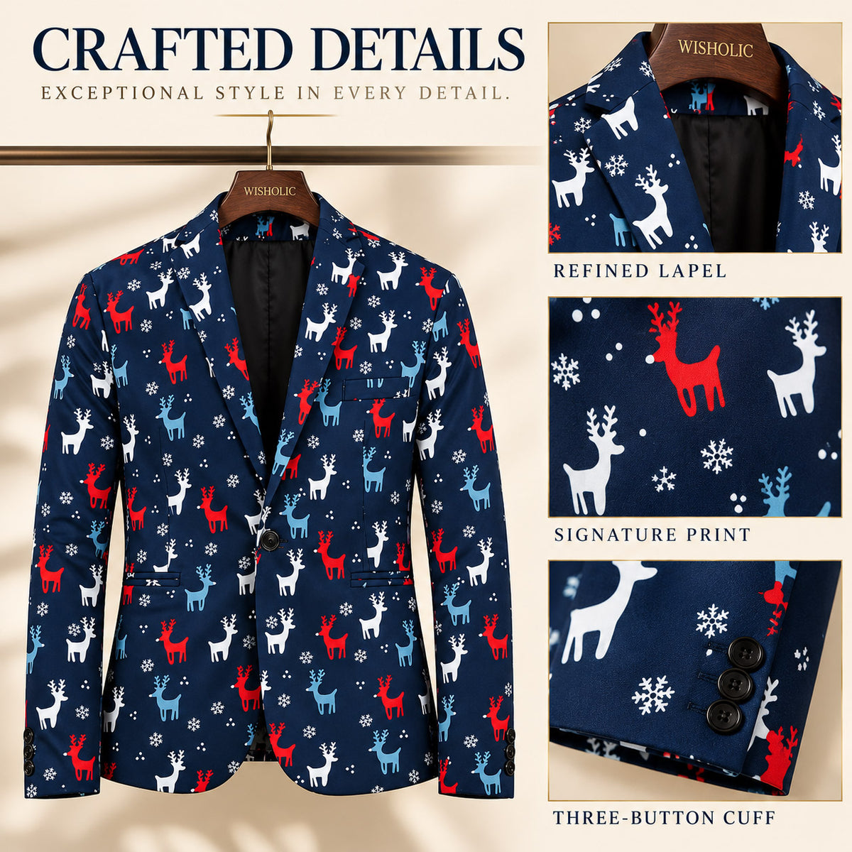Close-up craftsmanship details of Wisholic holiday suit showing notched lapel, premium reindeer snowflake print, and three-button cuff