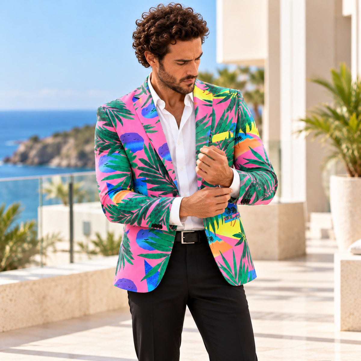 Wisholic pink tropical palm statement blazer paired with solid black trousers on a sea view balcony[cite: 32]