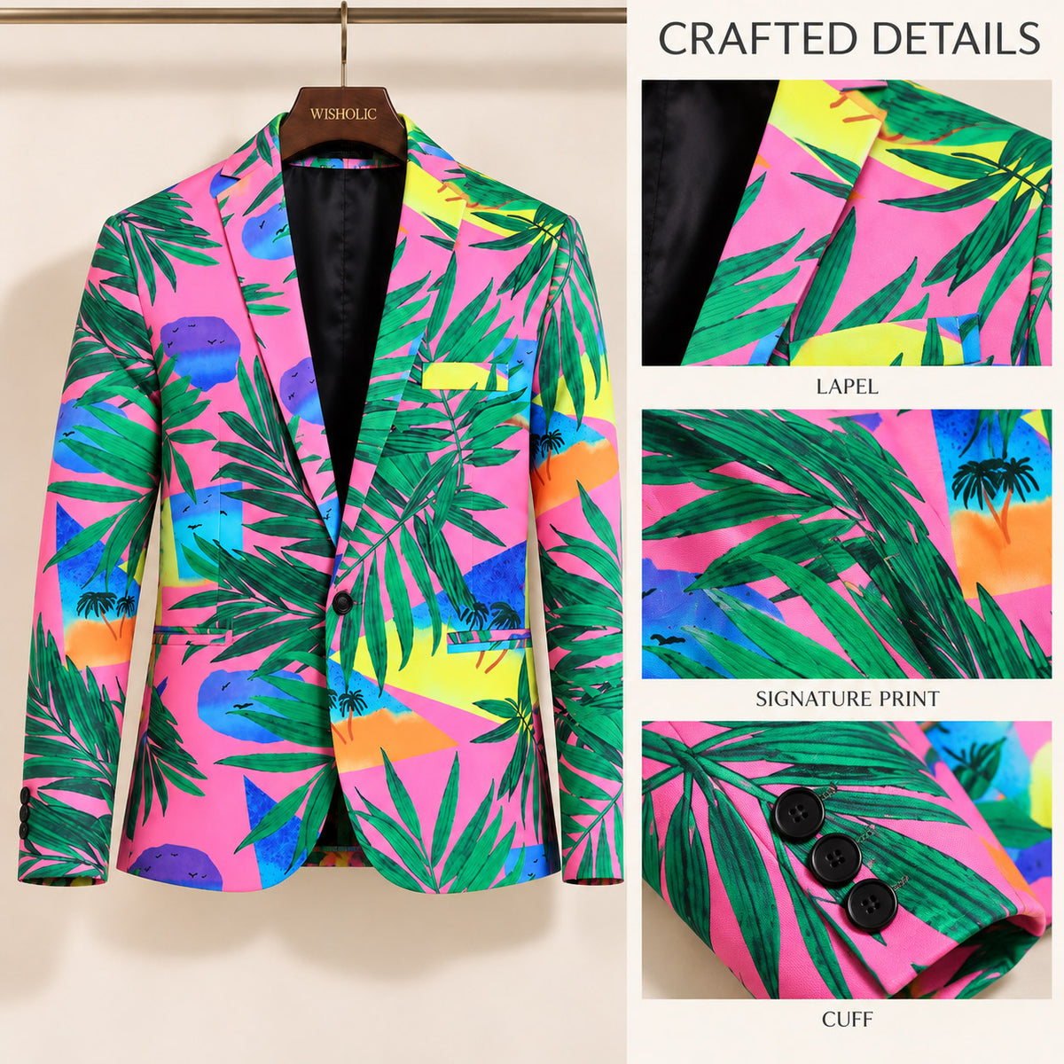 Craftsmanship detail shots of the notch lapel, signature palm pattern, and button cuffs on Wisholic resort blazer[cite: 33]