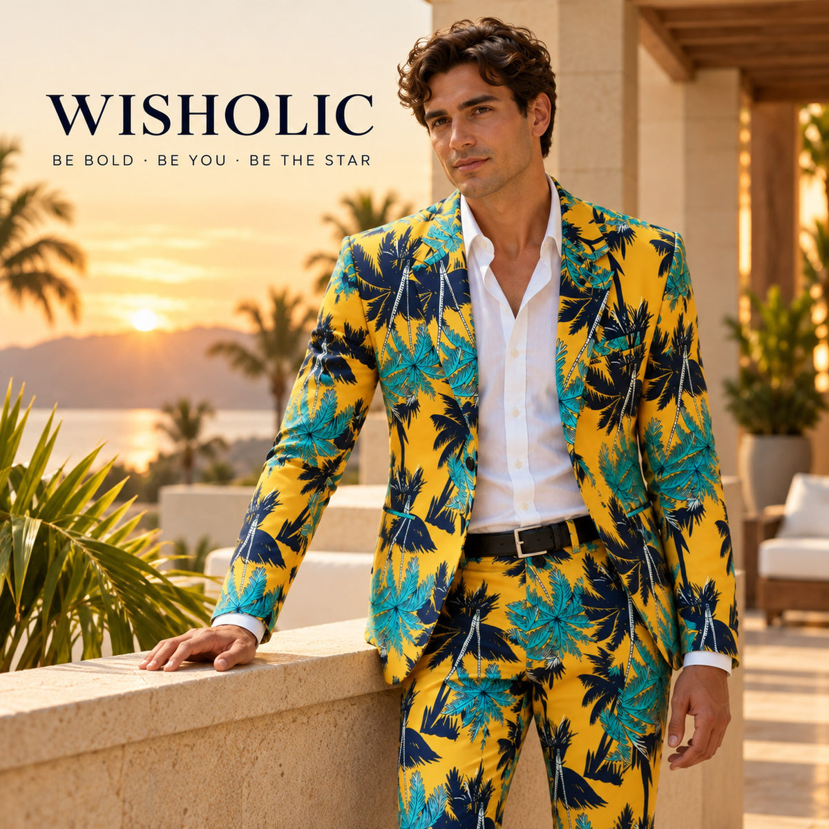 WISHOLIC tropical palm print suit in a luxury sunset resort setting, featuring a bold yellow, navy and turquoise botanical design.