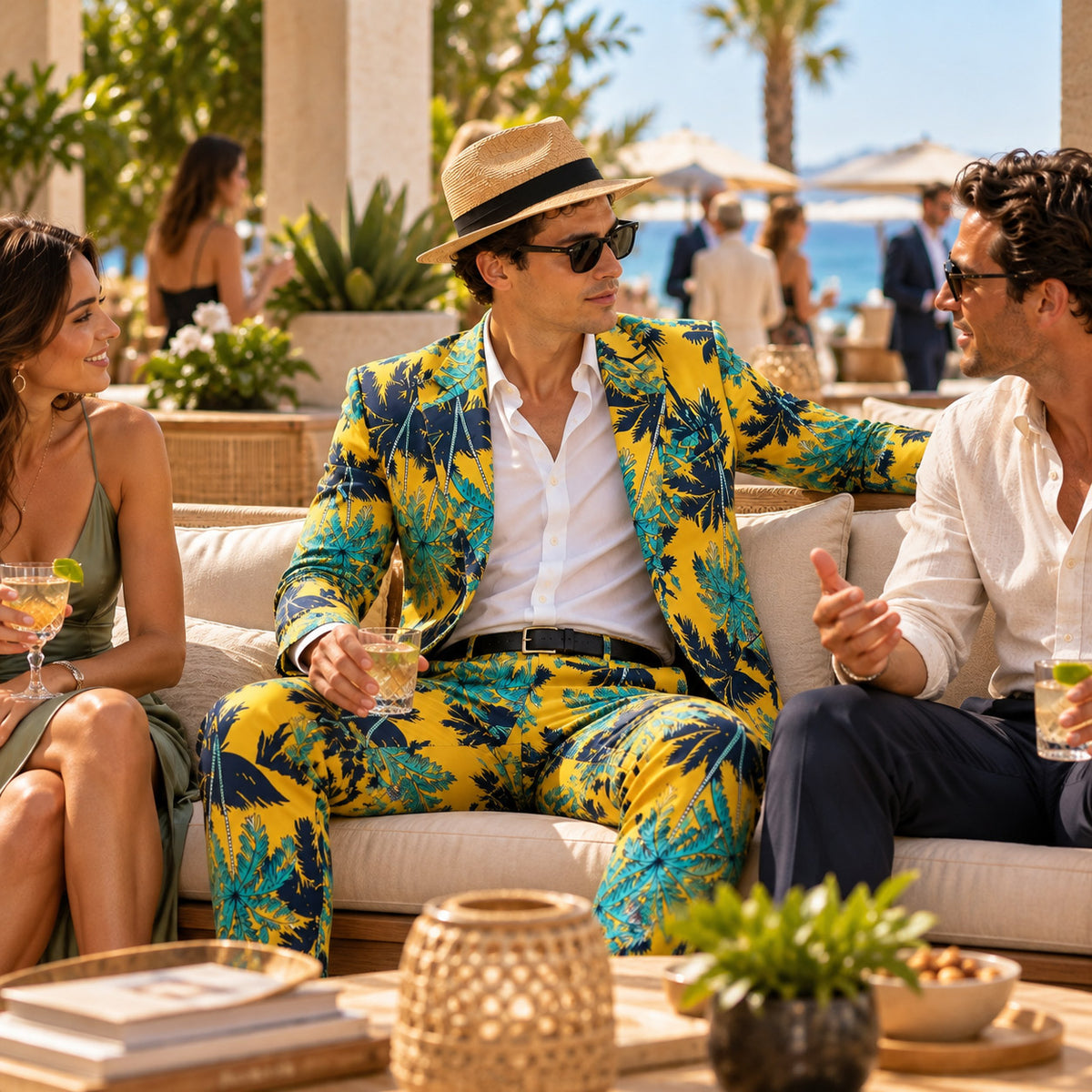 Man wearing the WISHOLIC yellow and blue tropical palm print suit at an outdoor seaside resort party with friends.