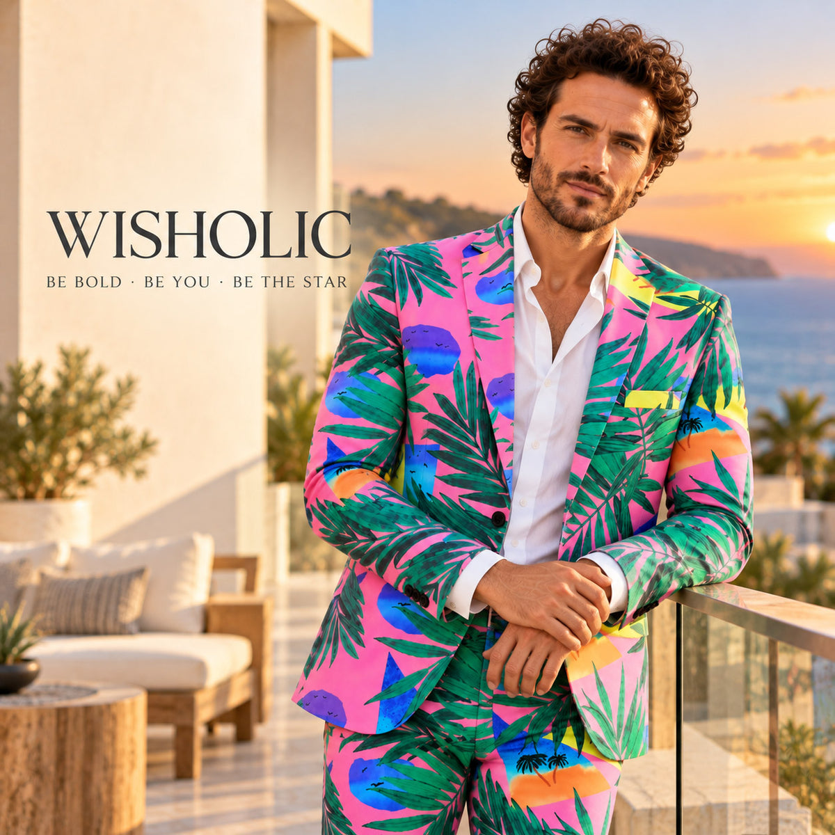 Wisholic brand campaign image of a man in a tropical palm resort suit on a seaside terrace at golden hour[cite: 34]