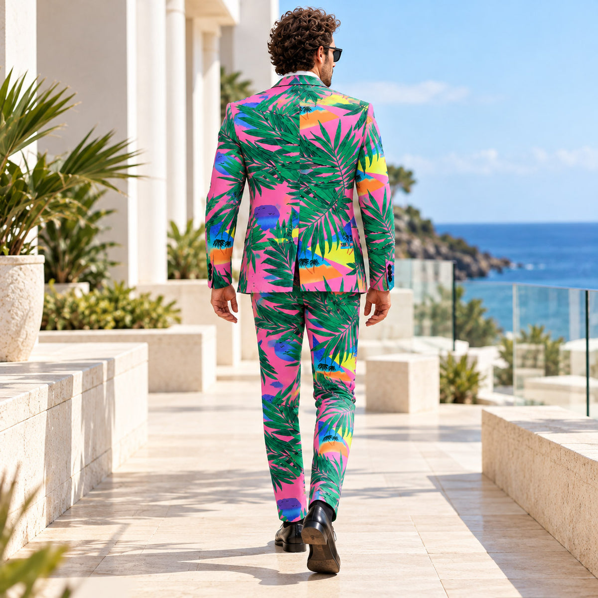 Back view of the tailored Wisholic tropical palm leaf print suit walking outdoors along a villa patio[cite: 31]