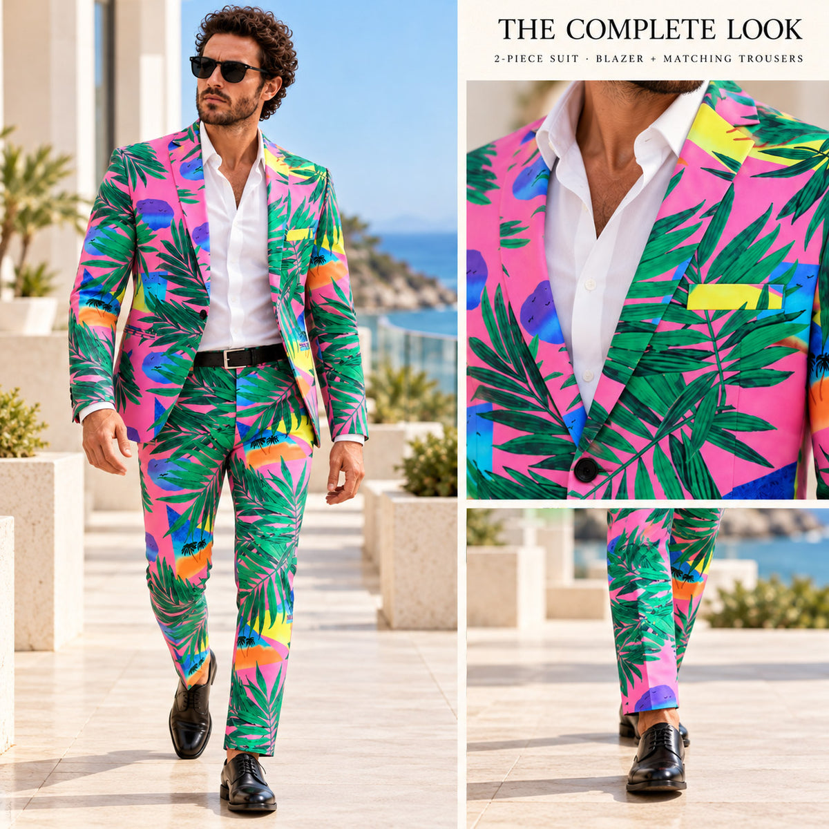Full-length and close-up collage of the Wisholic complete tropical palm print two-piece suit[cite: 30]
