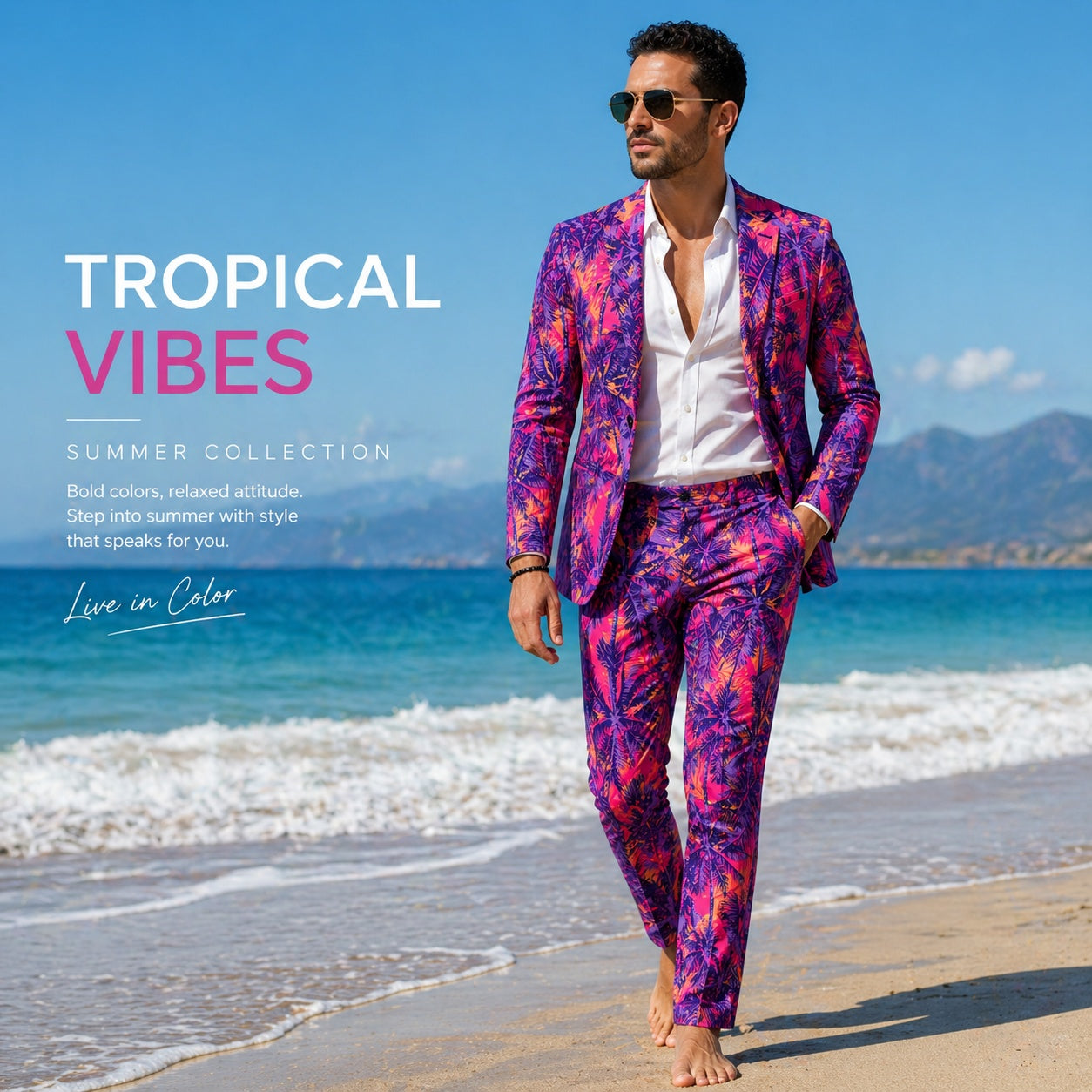 Full body view of WISHOLIC Tropical Vibes Summer Collection, a male model walking barefoot on the beach in a bold printed suit.