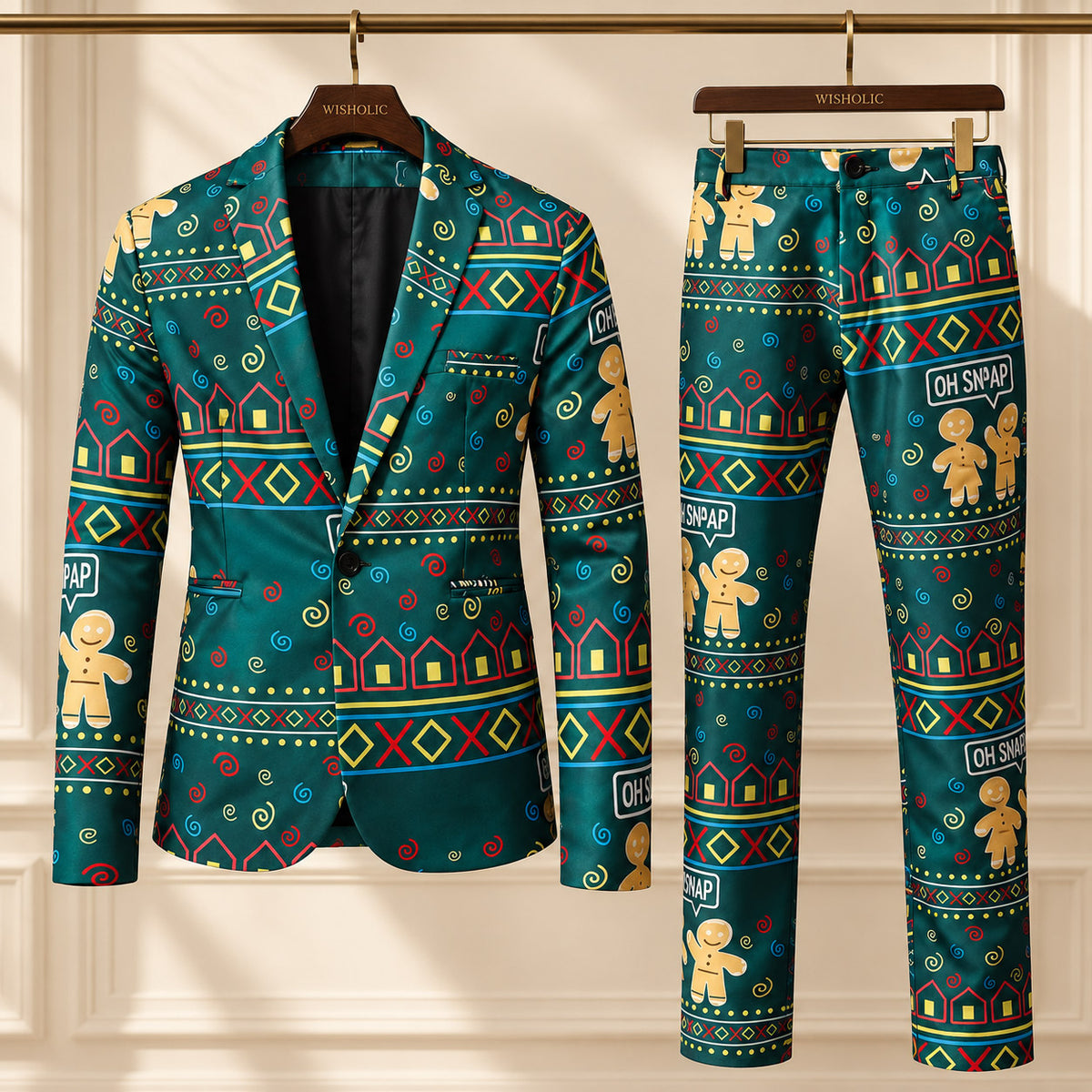 Wisholic two-piece ugly Christmas suit set with blazer and trousers in green festive gingerbread print on hangers