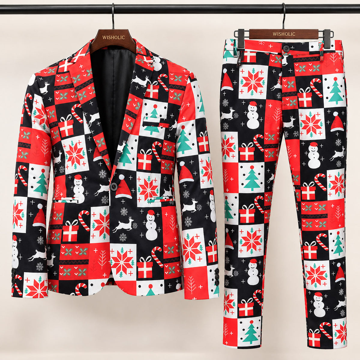 Wisholic 2-piece men's ugly Christmas holiday suit set including printed blazer and matching trousers on hangers