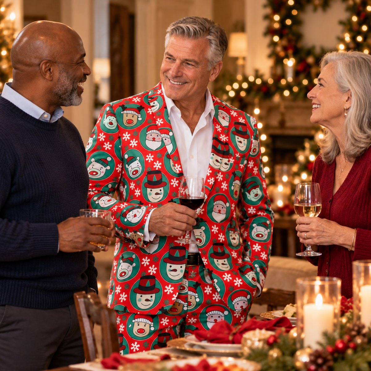 Man wearing a Wisholic novelty Christmas pattern suit holding a wine glass at a holiday dinner party with friends.