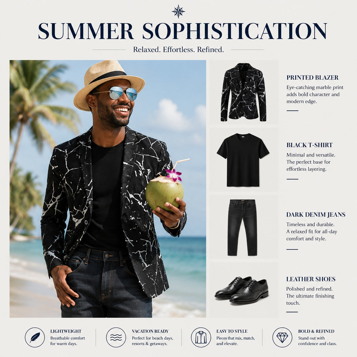 Men's vacation style guide featuring a Wisholic marble print blazer, black T-shirt, and hat for a lightweight summer look.