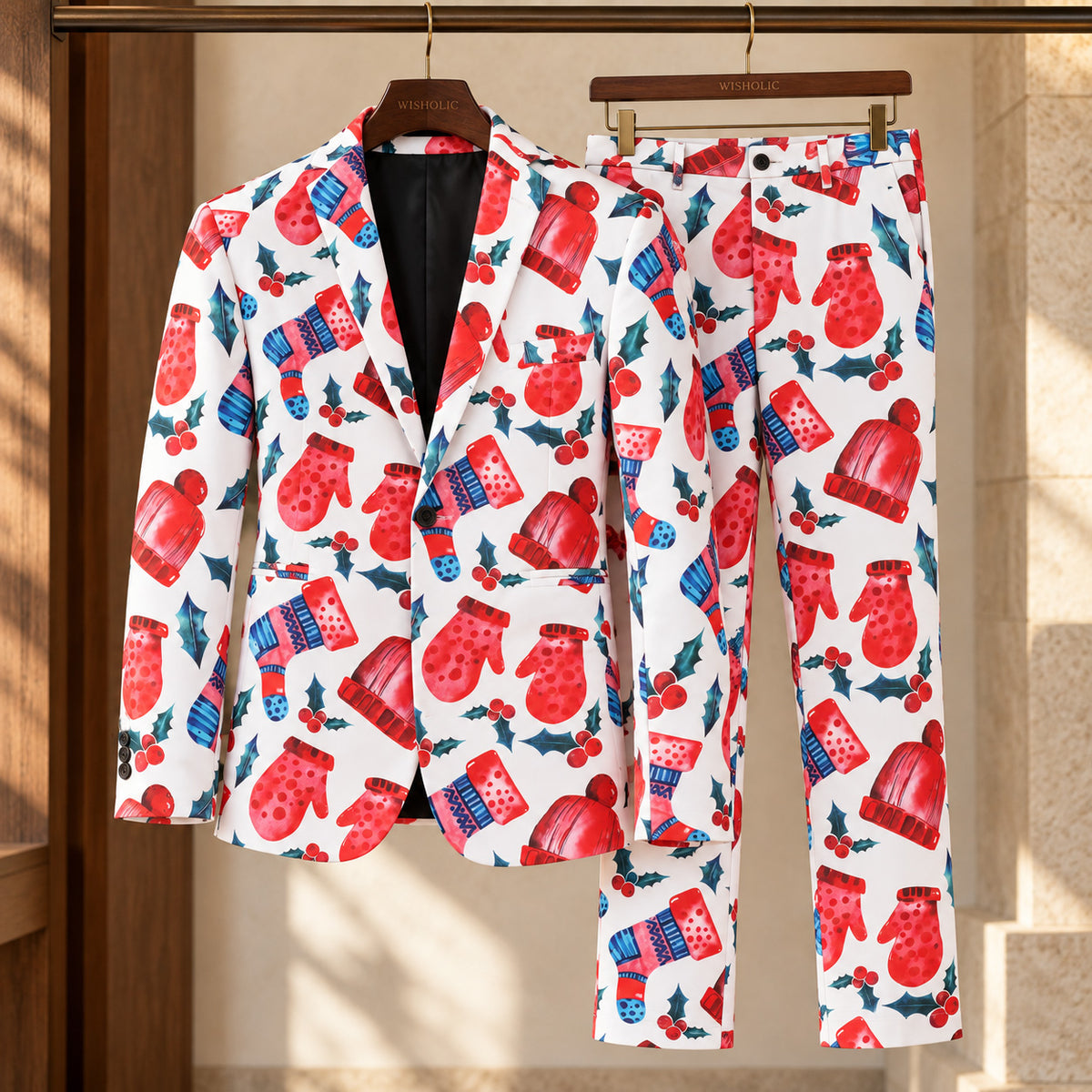 WISHOLIC white Christmas two-piece suit with a festive red mitten, winter hat, stocking and holly print, featuring a one-button blazer and matching trousers.
