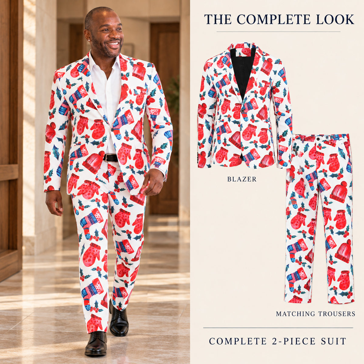 WISHOLIC men's white Christmas suit shown as a complete two-piece outfit with a red mitten print blazer, matching trousers and full-length model styling.