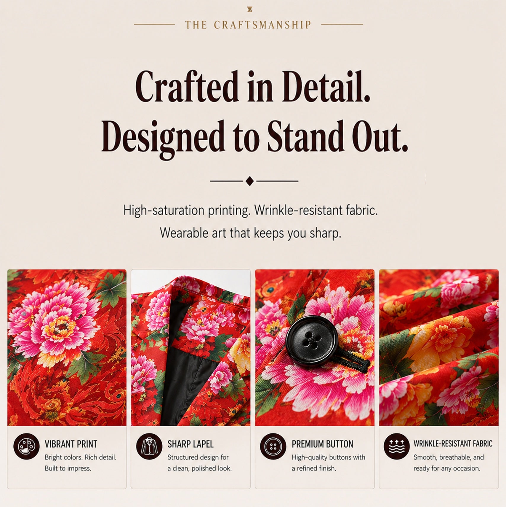 Close-up details of Wisholic craftsmanship: high-saturation printing, sharp lapel, and wrinkle-resistant breathable fabric.