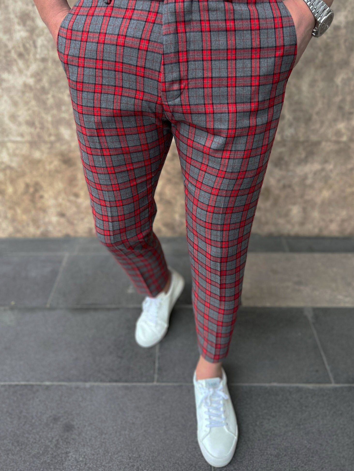 Men's Elegant Plaid Pants #XK6031 - Pants | Burgundy / S